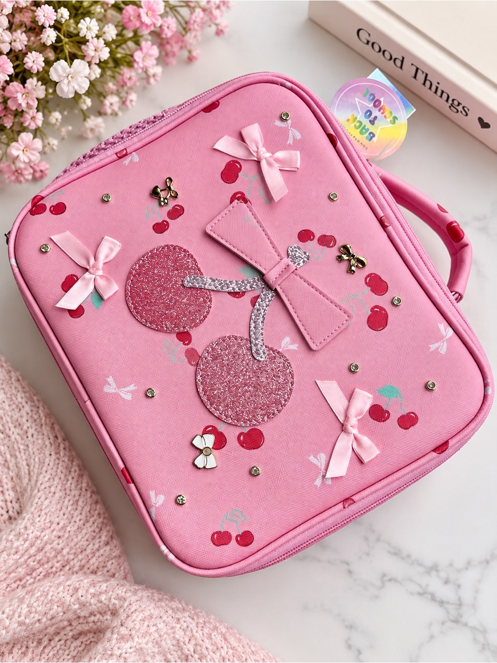 Pink Cherry Bow Girls Lunch Bag